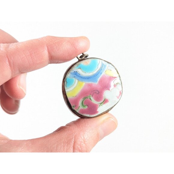 Vintage rainbow glazed clouds pottery shard pendant, Repurposed pottery piece - Picture 6 of 8